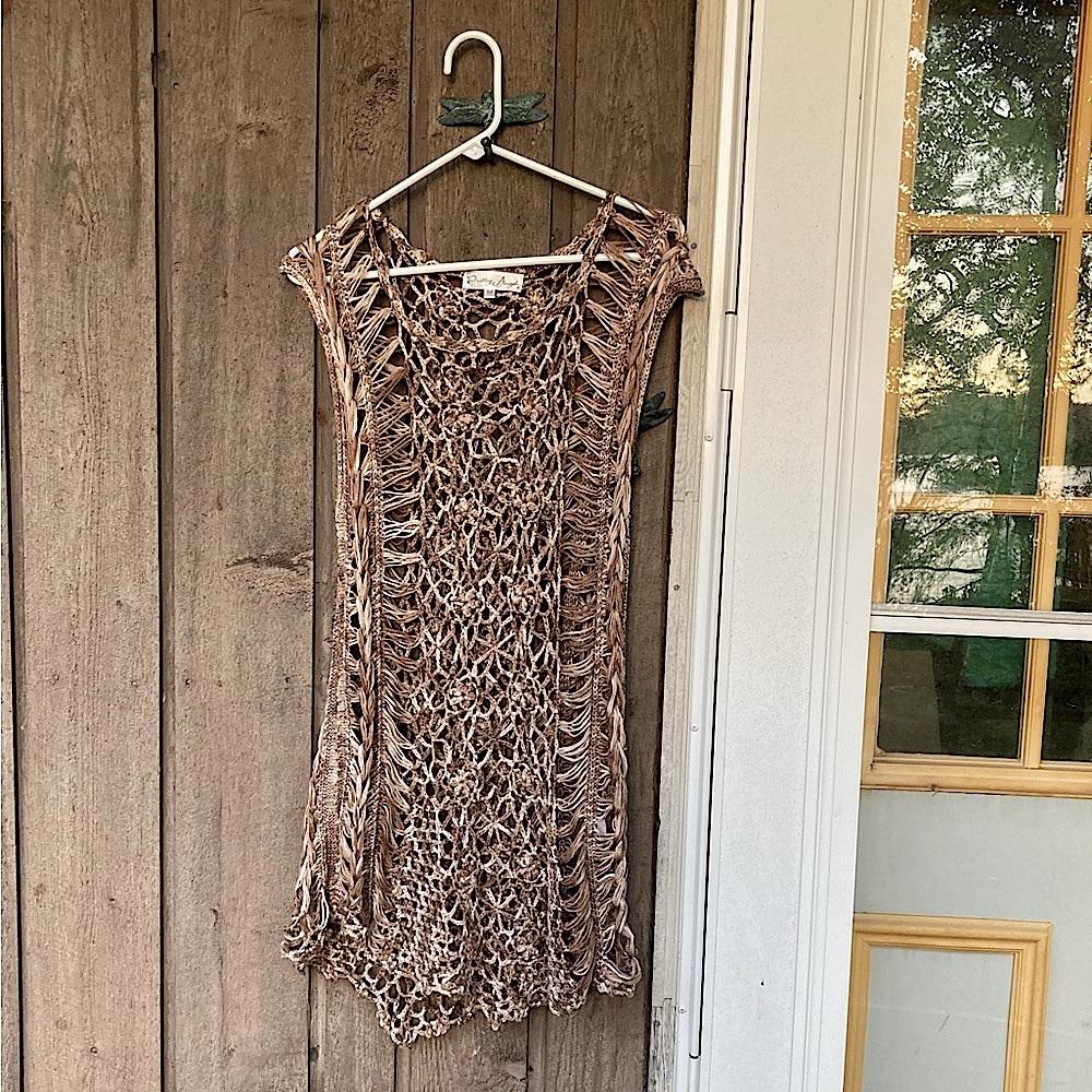 PRETTY ANGEL Top Tunic Coverup Dress Vest Swim Crochet Taupe Cream Size Medium